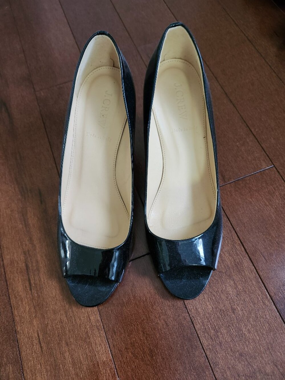 J Crew women's black patent peep toe heels in size 9